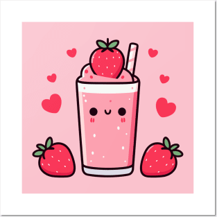 Kawaii Strawberry Ice Cream with Strawberries and Hearts | Kawaii Food Art Posters and Art